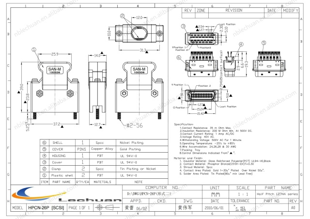LECHUAN 3M Replaced 1.27mm Mini D Ribbon 26Pin I/O Connector Male Bolt Type Copper Solder 10126-3000PE MDR Connector Power
