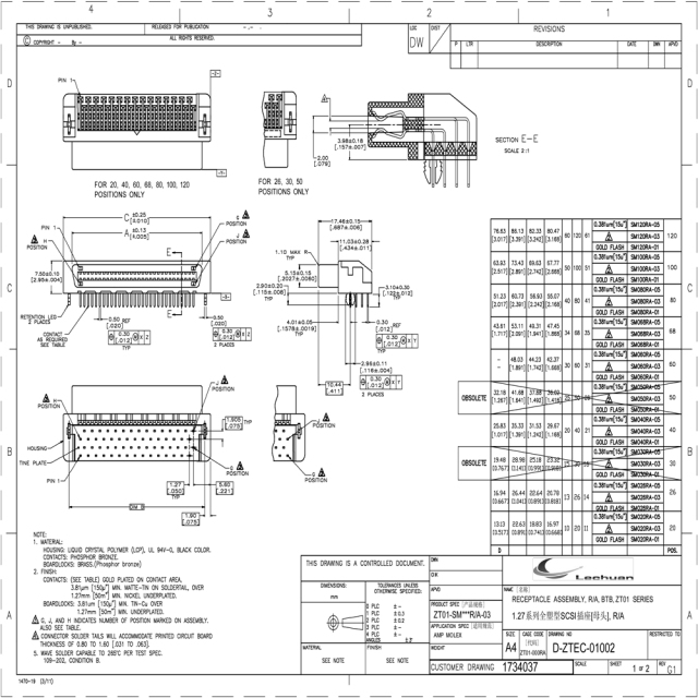 LECHUAN 80-Pin 1.27mm Plastic Mini D Ribbon MDR Receptacle Right Angle SCSI Board to Board Connector 5175474-9 PCB Applications