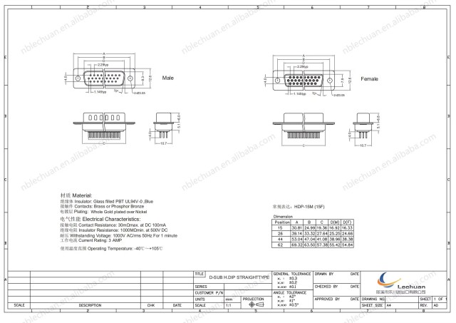 LECHUAN Premium Quality D-SUB Connector 26Pin High Density Right Angle Type Male to Female Optional PCB Mounting