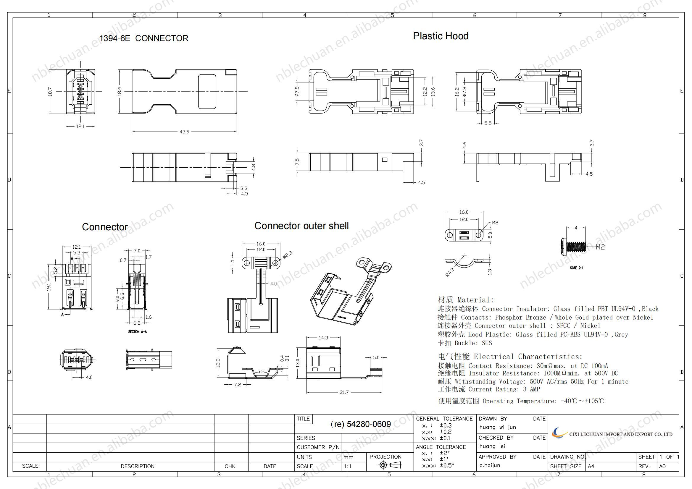 LECHUAN 6pin Firewire IEEE1394 Horizontal Right Angle Receptacle Board Lock I/O Connector 2.00mm Pitch 54280-0609 Connector