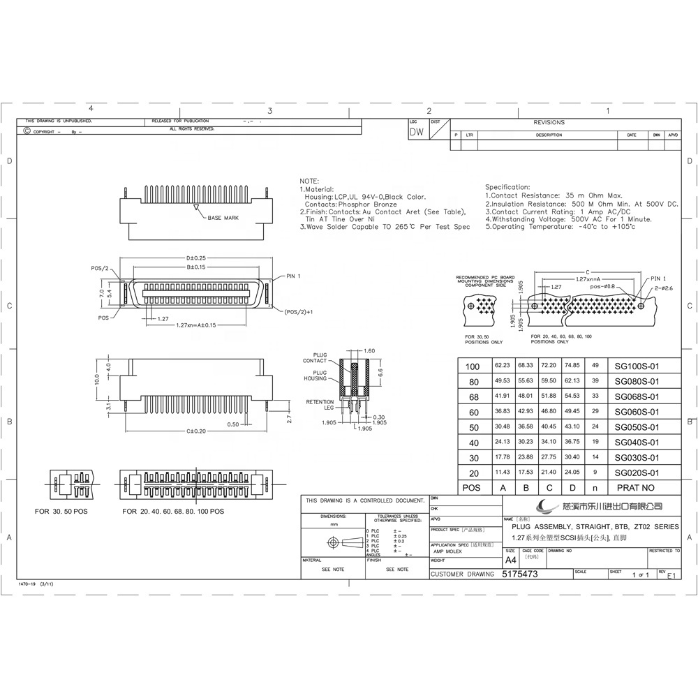 LECHUAN 80-Pin 1.27mm Plastic Mini D SCSI Ribbon MDR Plug 5175473-9 Straight Board-to-Board Connector PCB Applications 15922080