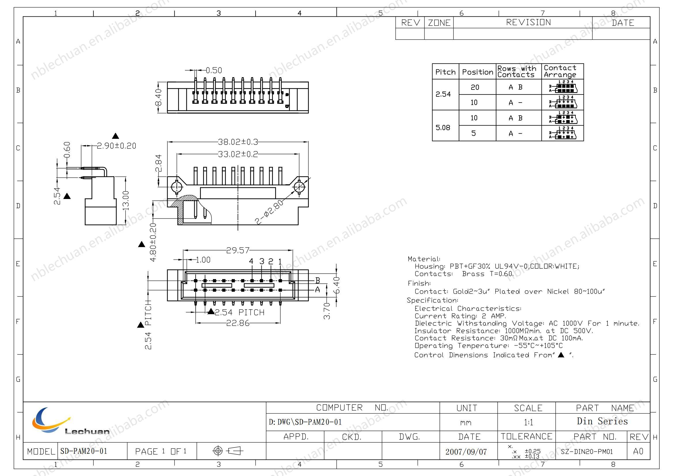 LECHUAN Right Angle Male Plug 9001-4510 1C00A PCB Socket 10Pin 2 Row DIN41612 Eurocard Connector 2.54mm 5.08mm Pitch