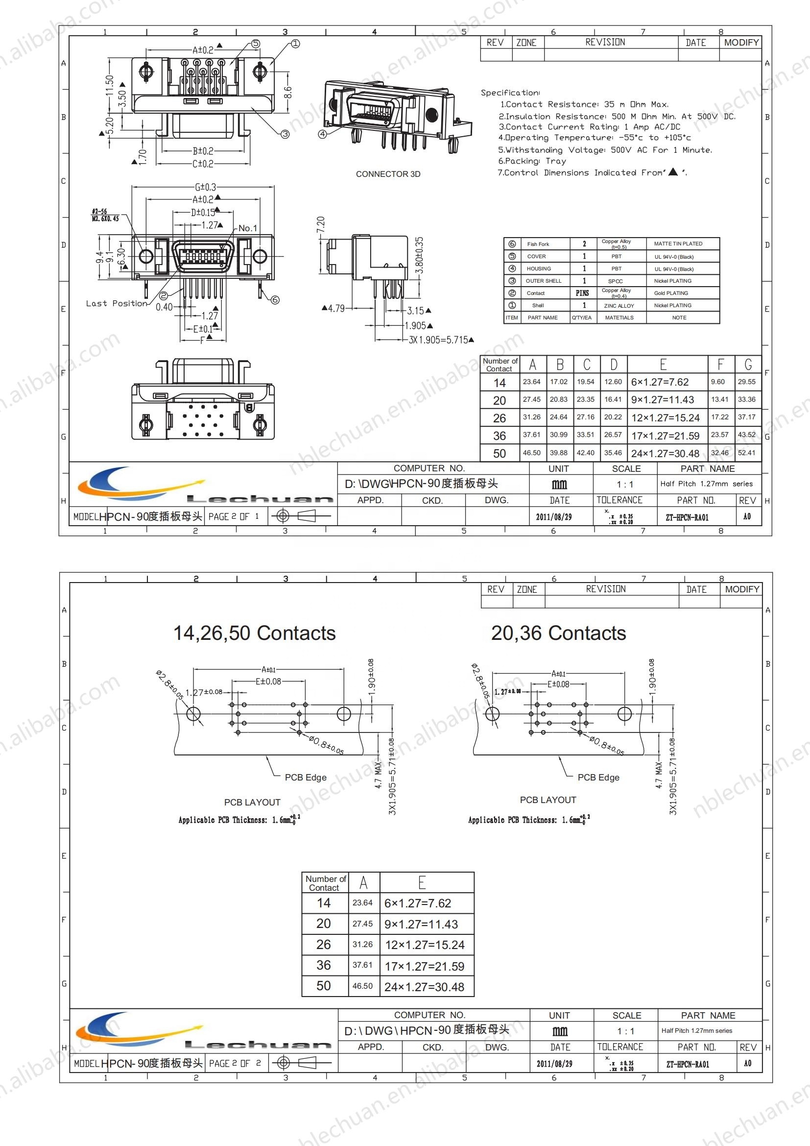 LECHUAN 3M MDR 102 36 Pin Connector 1.27mm Pitch 0236-52A2PL 36Pin PCB Mount SCSI Female MDR Connector 36 Way Hole D-Sub Socket