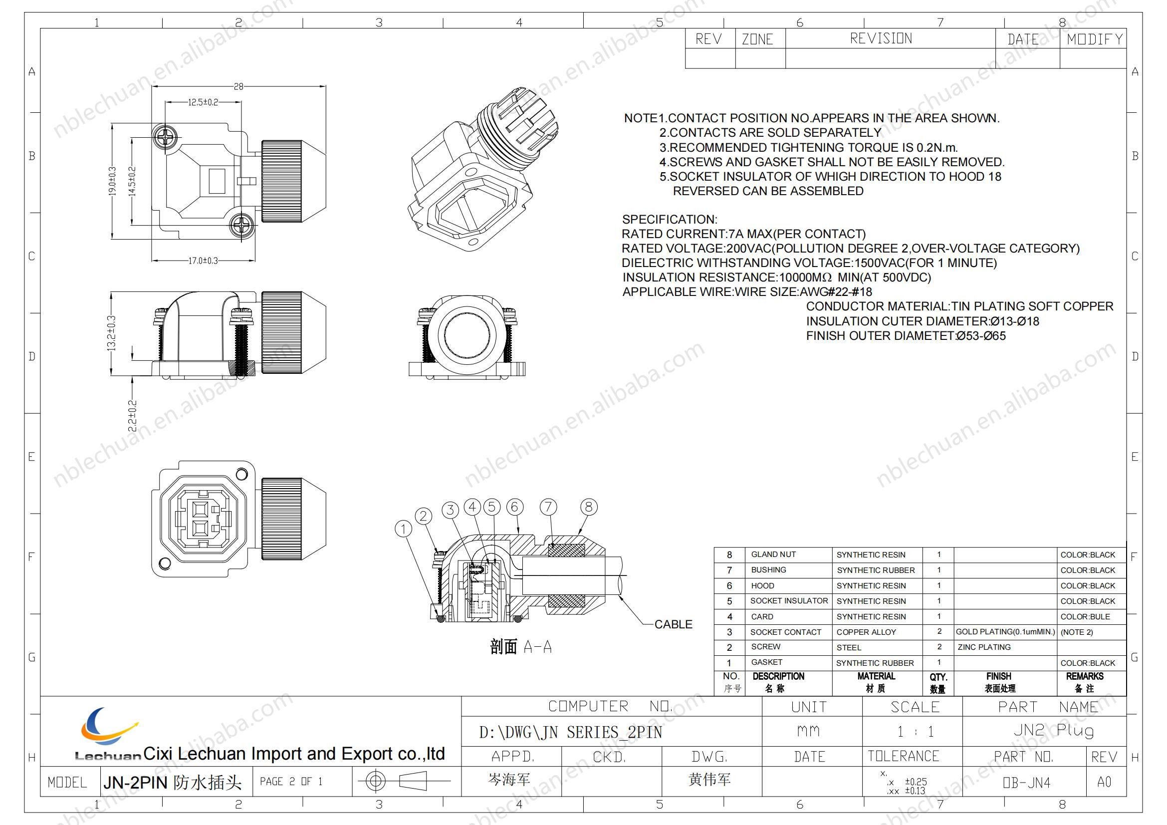LECHUAN 2P I/O KIT Rectangular Brake Plug  Angle Plug Cable Mt Crimp Socket JN4FT02SJ2-R Mitsubishi Servo Motor Connector