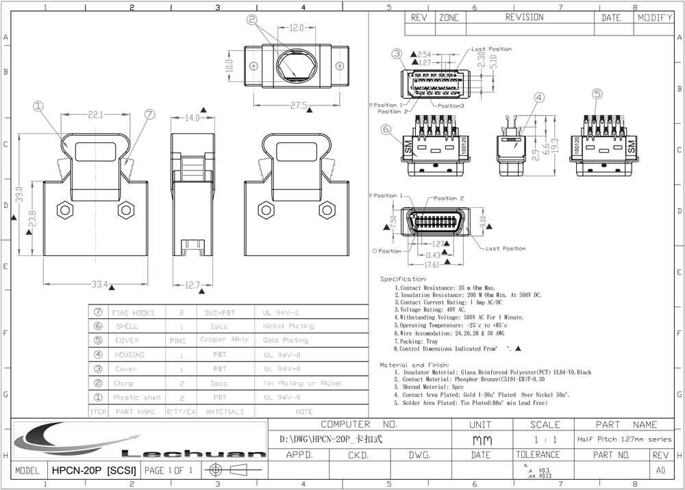 LECHUAN 3M Replaced 1.27mm SCSI MDR Mini D Ribbon 20Pin  I/O  Connector Solder 10120-3000PE Male Plug Buckle Type Connector