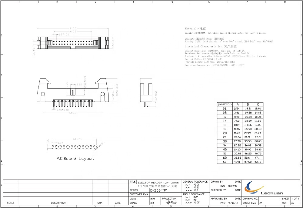 LECHUAN 1.27mm Pitch Straight Right Angle SMT IDC Male Ejector Header Connector 10P with Nylon Housing Copper Contact Material