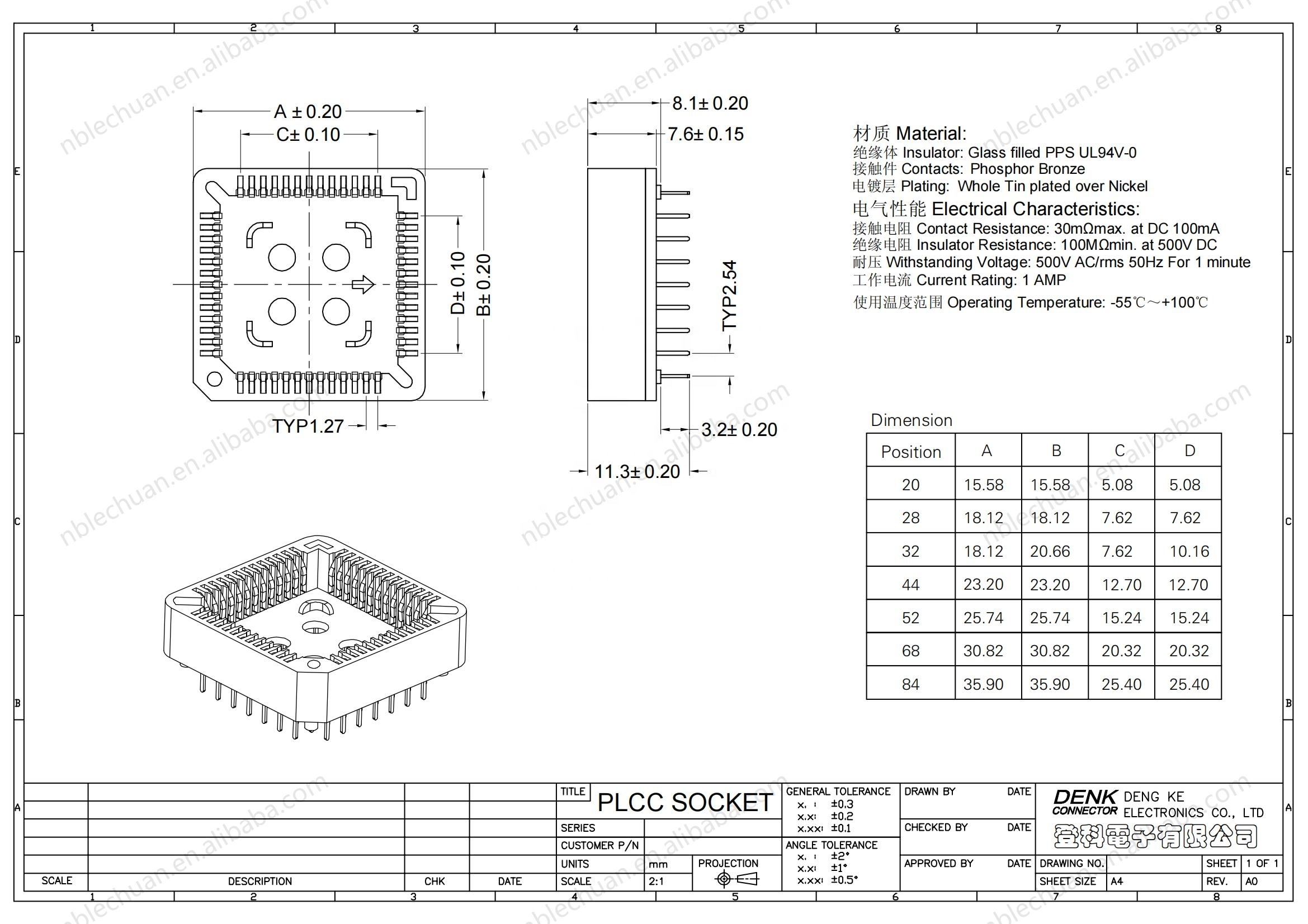 LECHUAN SMT DIP IC PLCC Socket 2.54mm/1.27mm Pitch 20P-84P Pin Adapter Converter with Copper Contact & Nylon Housing for PCB