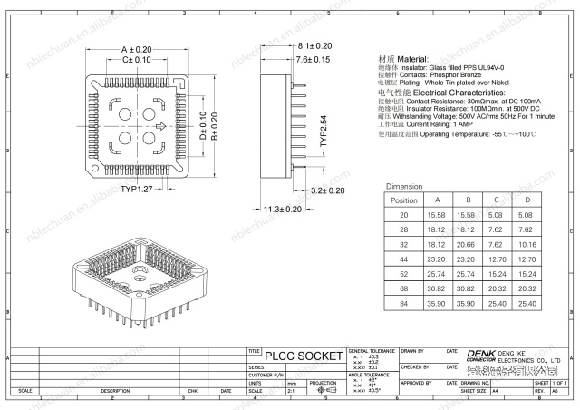 LECHUAN SMT DIP IC PLCC Socket 2.54mm/1.27mm Pitch 20P-84P Pin Adapter Converter with Copper Contact & Nylon Housing for PCB