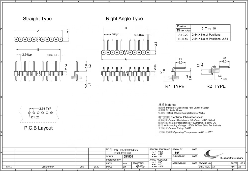 LECHUAN 40 Pin Header 2.54mm Pitch Single Row Gold Pin THT Straight Right Angle SMT Male Brass Contacts PCB Plated Brass