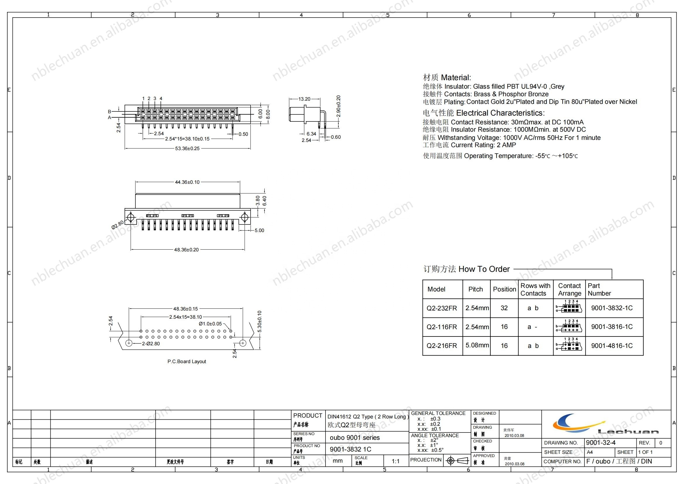 LECHUAN 32-Pin 2-Row Eurocard Female Receptacle Right Angle 9001-4432 1C00A DIN41612 Connector for PCB Board