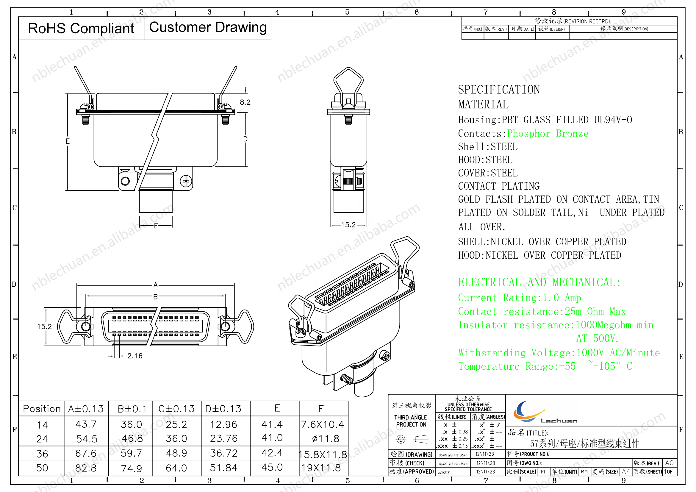 LECHUAN 57 Series SCSI D-Sub Connectors 14P 24P 36P 50P D-Ribbon Straight Connector Panel Receptacle Replaced Male Connector