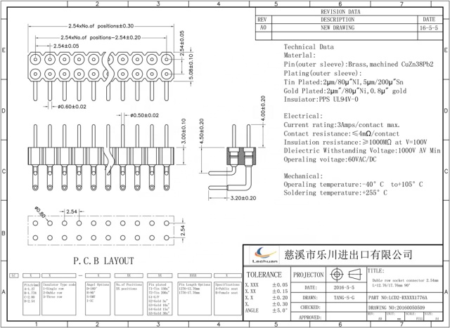 LECHUAN Dual Row SMT Pin Header 2.54/1.27/2.0mm Pitch Straight & Right Angle 12.76mm round Machined Pin for PCB