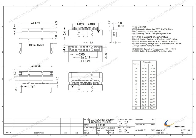 LECHUAN 2.00mm Pitch IDC Female Header Socket Flat Ribbon Cable Connector for PCB 6/8/10/12/14/16/18/20/22/24/26/30/34/40/44/50P