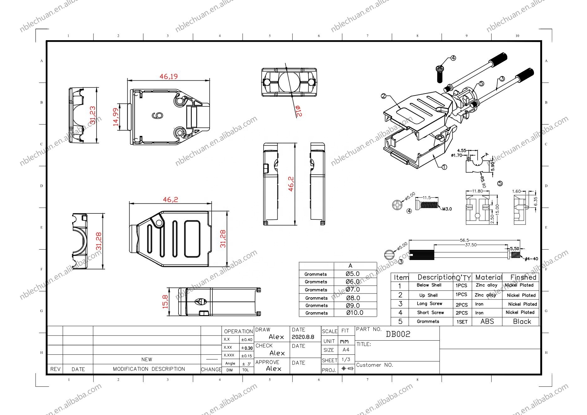 LECHUAN 9-Pin Metal Hood Kit High Density Two Piece Backshell with 9 Position D-SUB COVER Zinc-Plating Straight 9Pin Connectors