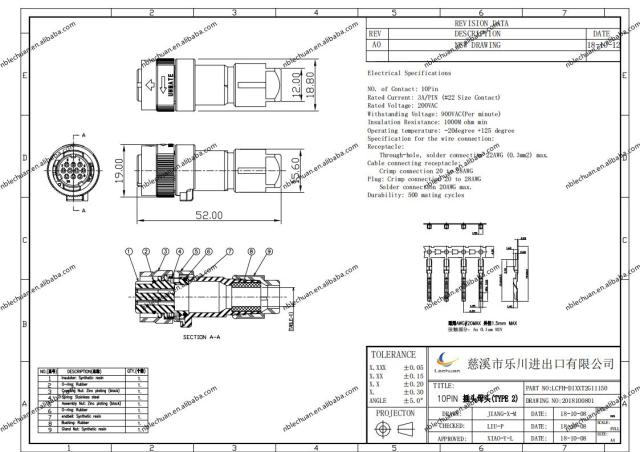 LECHUAN Amphenol Replaced LC-JN1DS10SL2 Series Circular Connector Threaded 3108A 10 Position Socket Female Aviation Connector