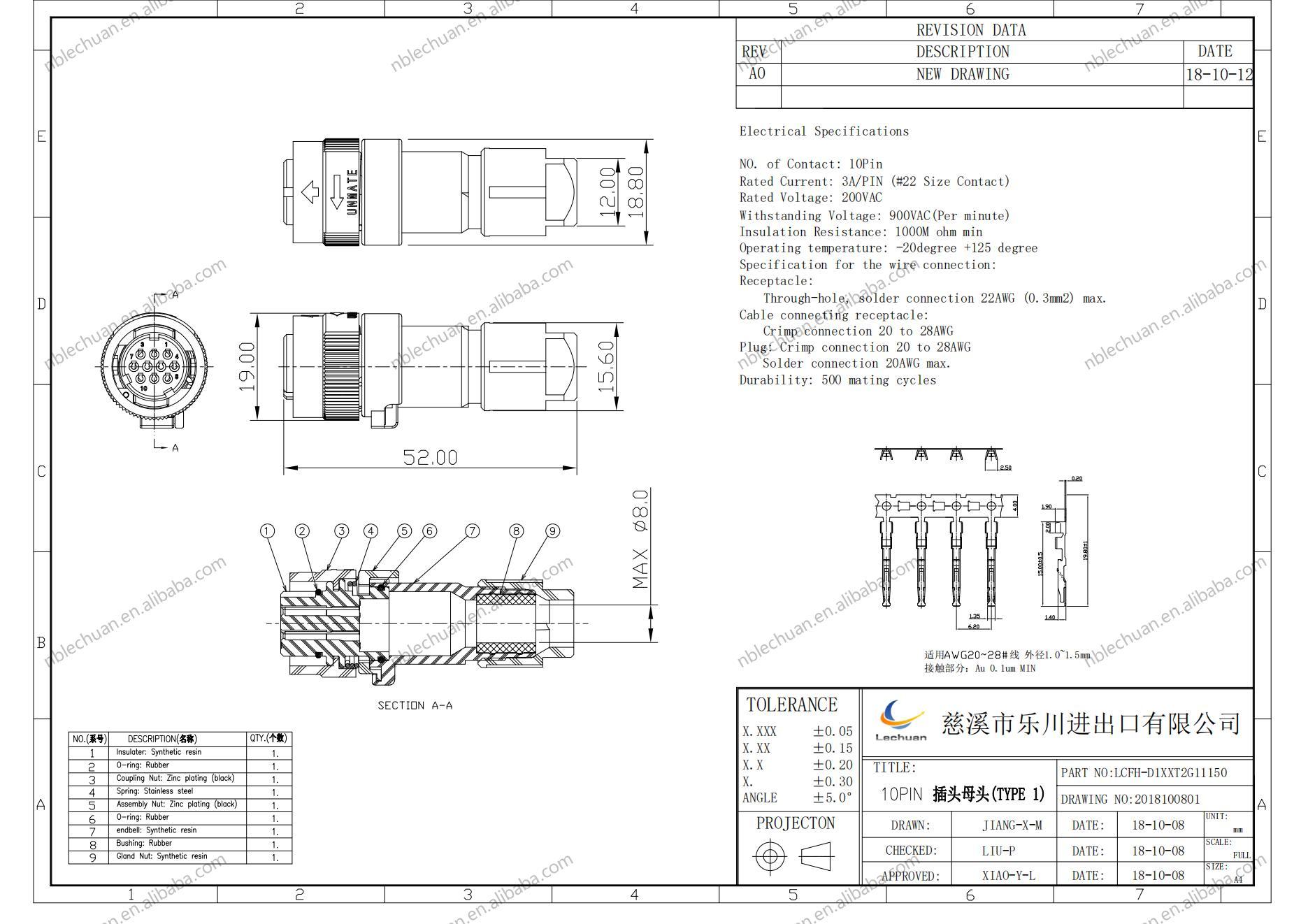 LECHUAN JN1FS10SL2  Circular Connector 10 Position Circular Electric Connector Without Socket Contacts