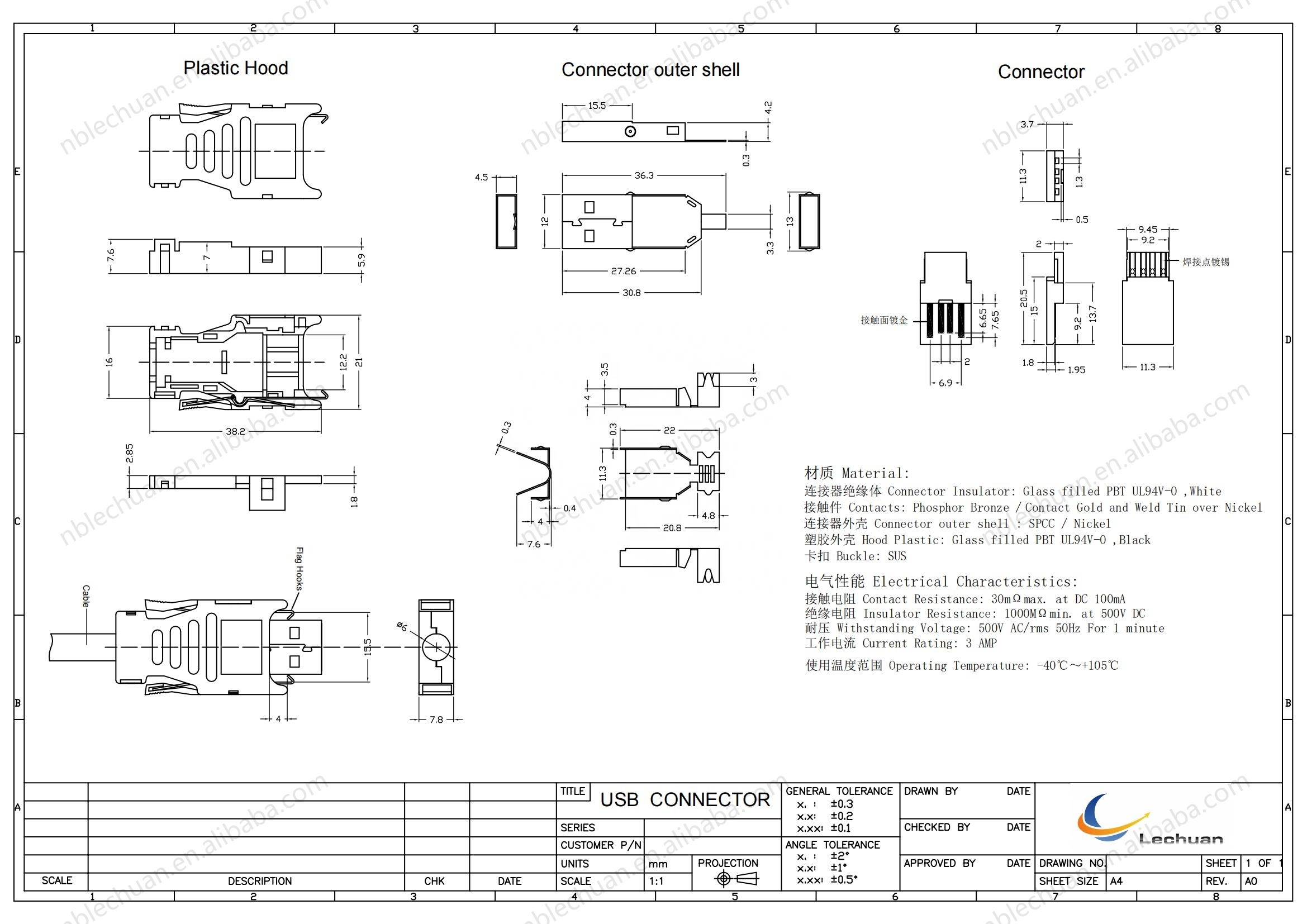 LECHUAN Industrial USB Plug Kit 4Pin IP20 USB a 2.0 Straight Plug MECHATROLINK II 1827525-1 USB Connector for Power Applications