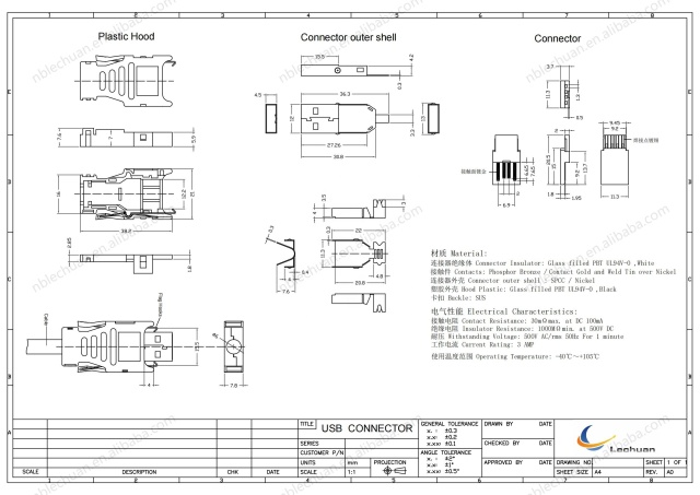 LECHUAN Industrial USB Plug Kit 4Pin IP20 USB a 2.0 Straight Plug MECHATROLINK II 1827525-1 USB Connector for Power Applications