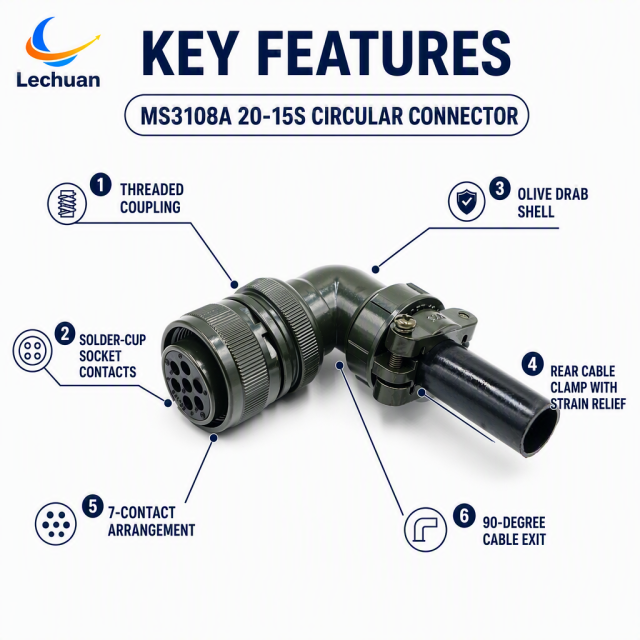 MS3108A 20-15S MIL-DTL-5015 Series Circular Connector 7 Pin Female Right Angle Plug Cable Mount Elevator Construction Conveyor