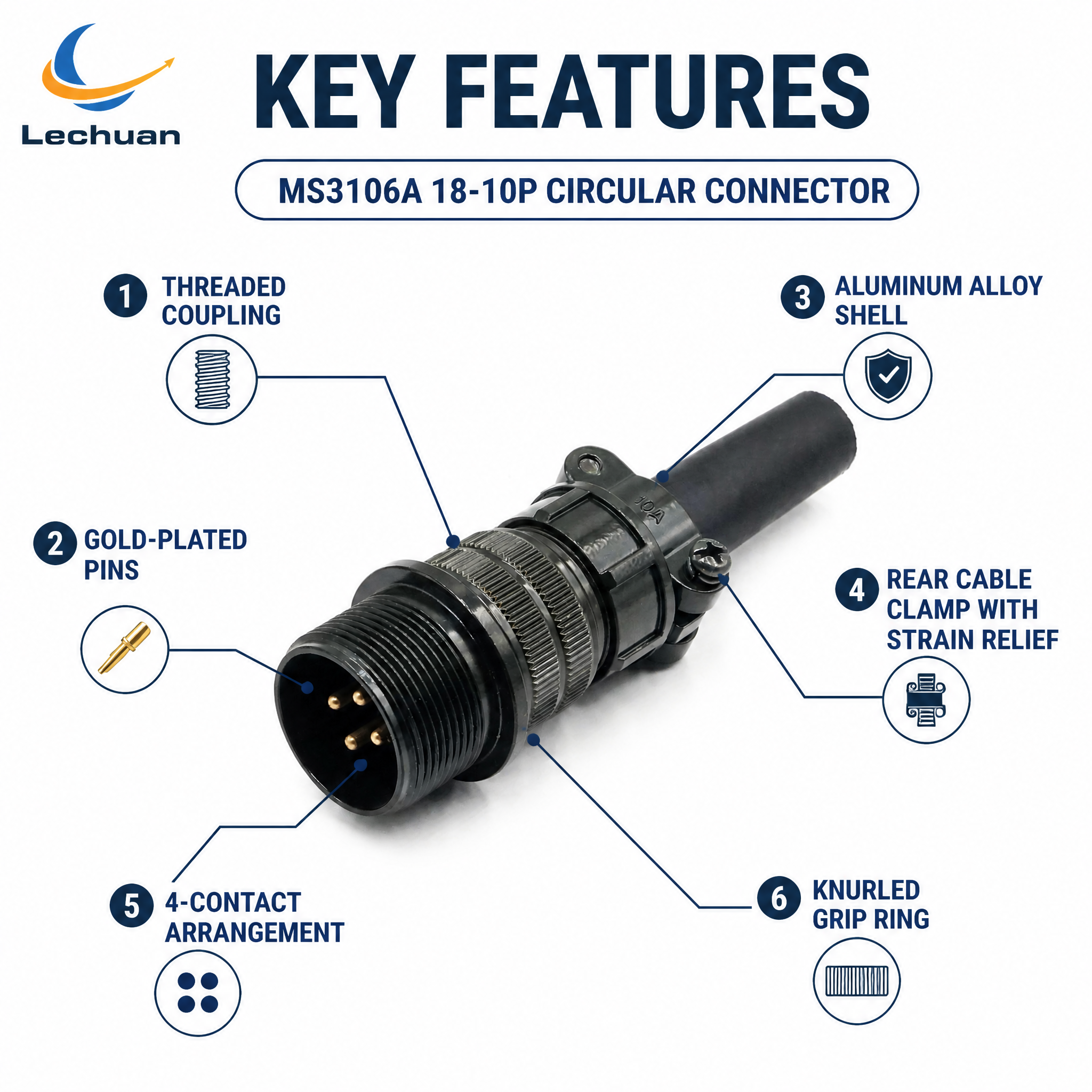 MS3106A 18-10P 5015 Series Circular Connector 4 Pin Male Straight Plug Cable Mount Industrial Automation CNC Robotics