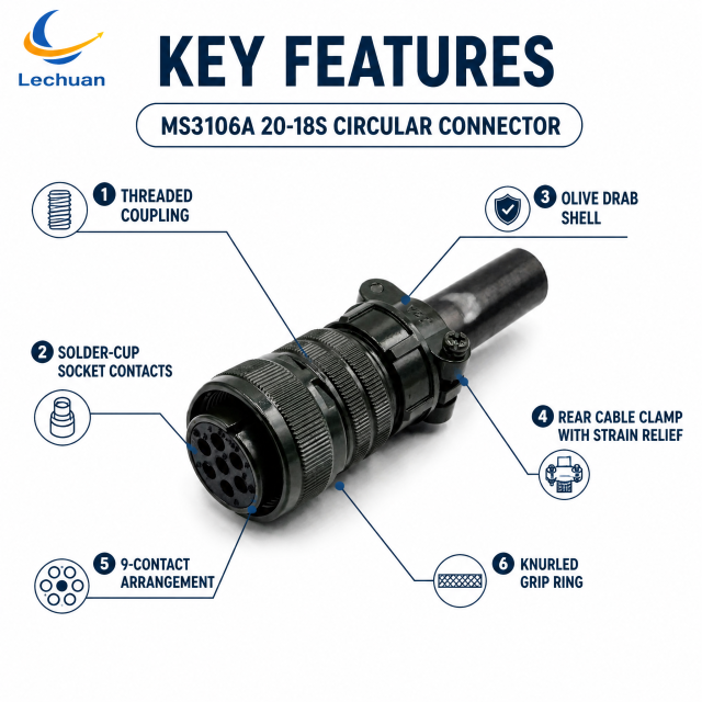MS3106A 20-18S MIL-DTL-5015 Series Circular Connector 9 Pin Female Straight Plug Cable Mount Packaging Textile Lighting