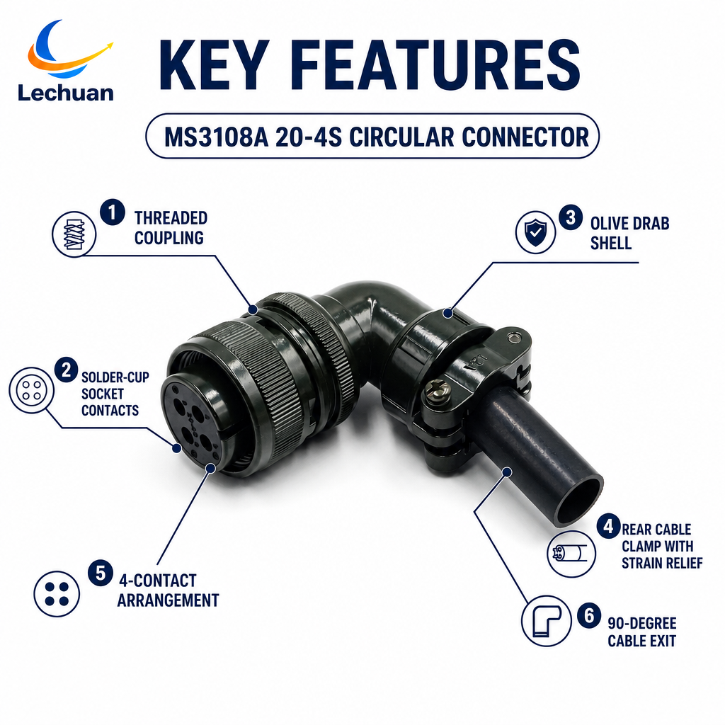 MS3108A 20-4S 5015 Series Circular Connector 4 Pin Female Right Angle Plug Cable Mount Medical Laboratory HVAC