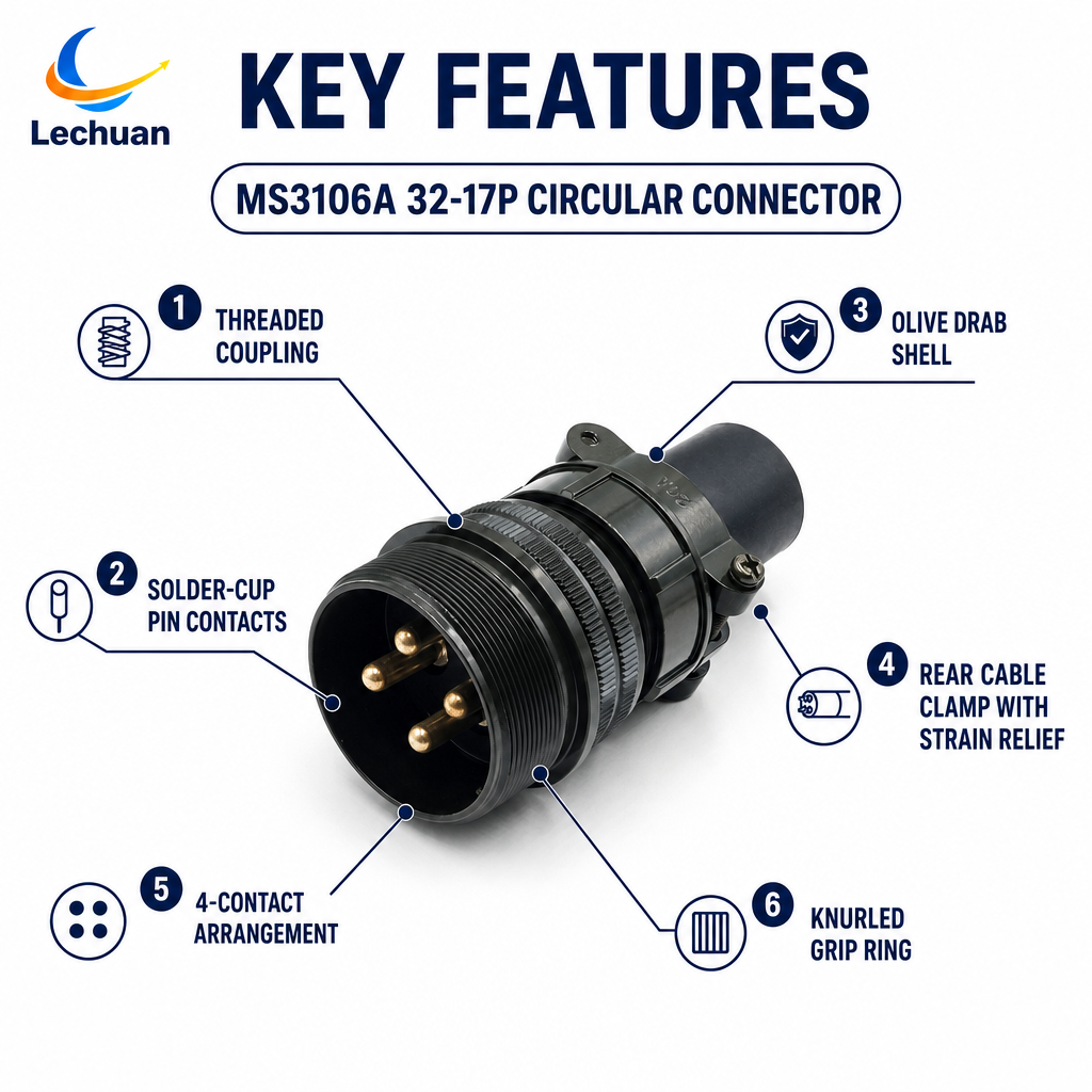 MS3106A 32-17P 5015 Series Circular Connector 4 Pin Male Straight Plug Cable Mount Generator Set Heavy Machinery