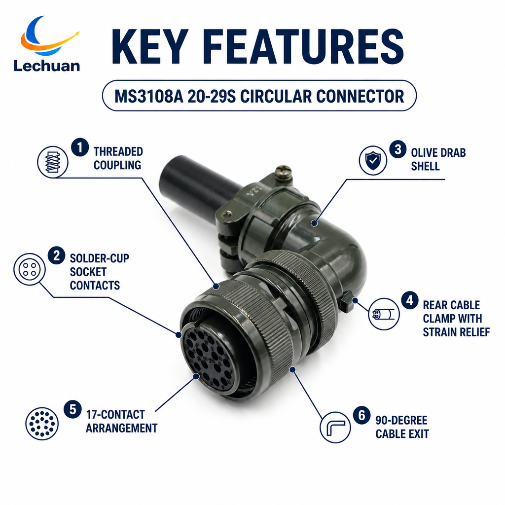 MS3108A 20-29S 5015 Series Circular Connector 17 Pin Female Right Angle Plug Cable Mount Mining Petrochemical Marine
