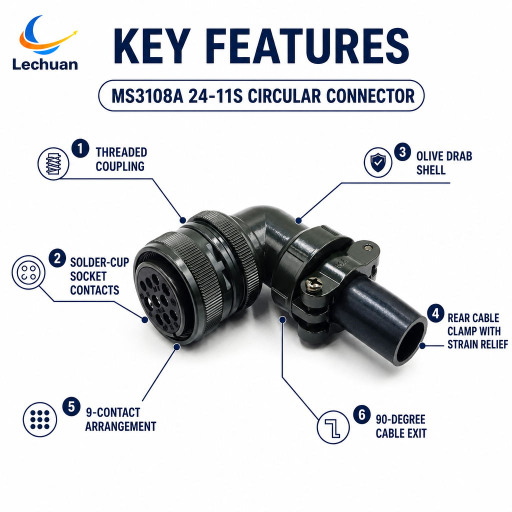 MS3108A 24-11S MIL-DTL-5015 Series Circular Connector 9 Pin Female Right Angle Plug Cable Mount Test Measurement Automation