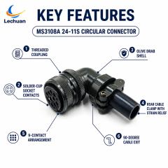 MS3108A 24-11S MIL-DTL-5015 Series Circular Connector 9 Pin Female Right Angle Plug Cable Mount Test Measurement Automation