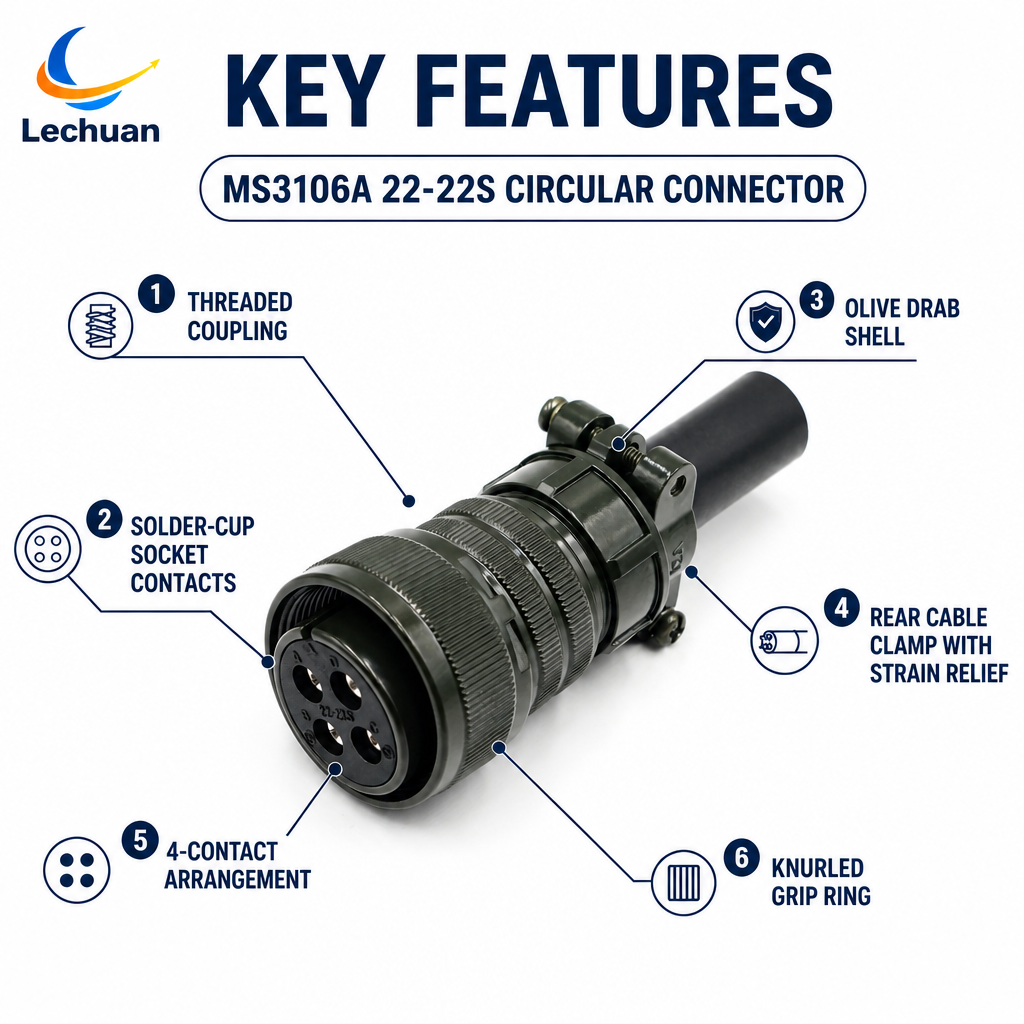 MS3106A 22-22S MIL-DTL-5015 Series Circular Connector 4 Pin Female Straight Plug Cable Mount Power Generation Mining Welding