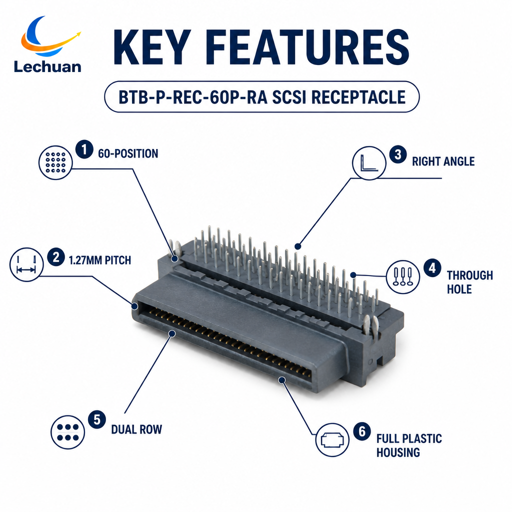 60 Pin 1.27mm Female MDR SCSI Right Angle Board Connector Receptacle 5175474-7 CHAMP 050 Server Telecom Industrial PCB Lechuan