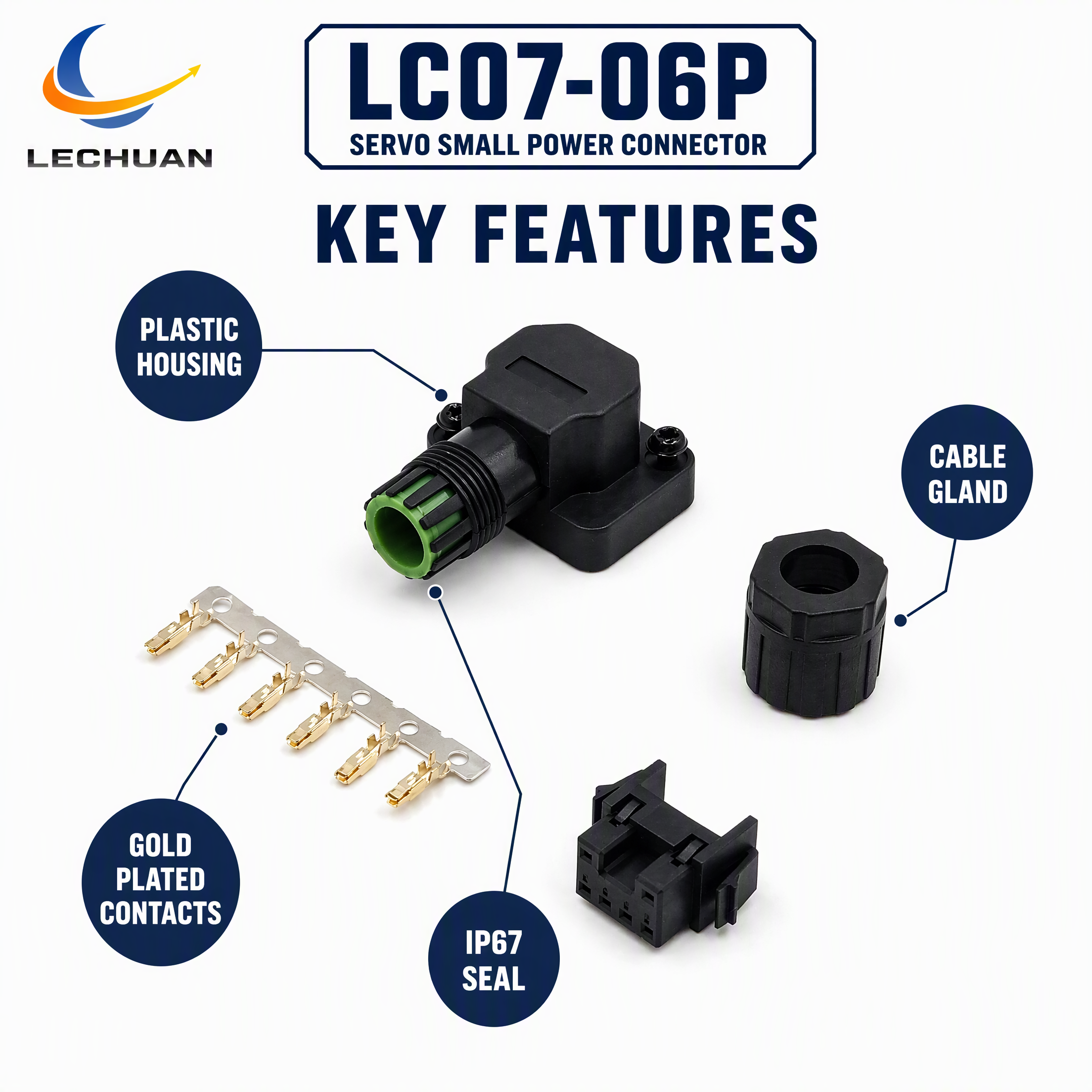 Factory LC07-06P E7 A6 A5 Servo Motor Small Power Connector 6 Pin Gold Plated IP67 Semiconductor Robotics Medical