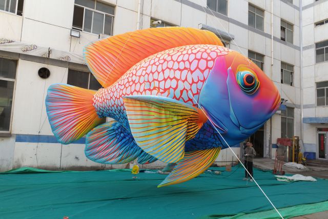 Activity Promotion Advertisement: Tropical Fish Inflatable Models, with an Ocean Atmosphere and Scene-specific Decorative Props.