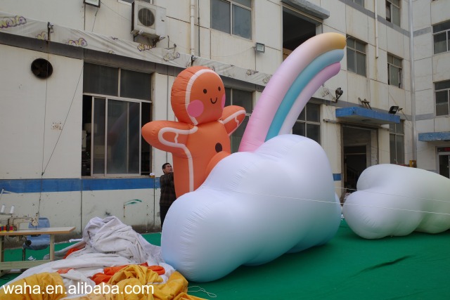 Giant Inflatable Gingerbread Man on Cloud with Rainbow for Mall Decor, Durable Advertising Inflatable