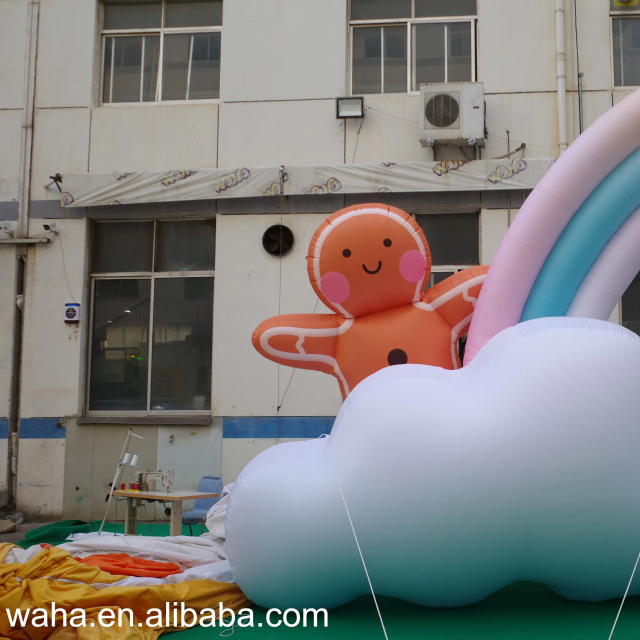Giant Inflatable Gingerbread Man on Cloud with Rainbow for Mall Decor, Durable Advertising Inflatable