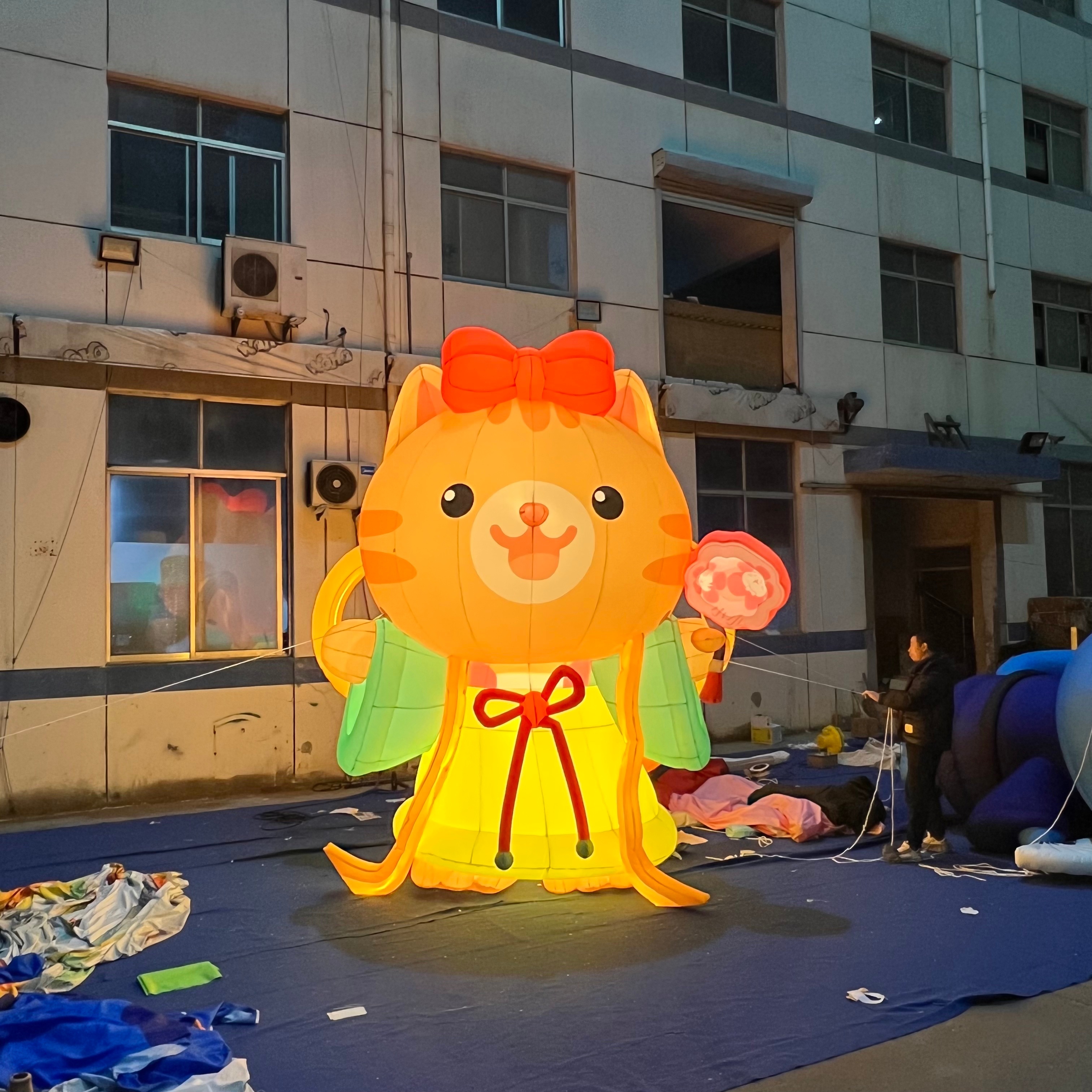 Lighting Hanfu Orange Cat Inflatable Mascot, Durable Advertising Inflatable for Festival & Night Market Decor