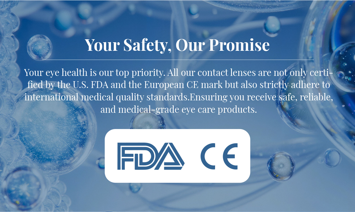Contact lens safety certification banner displaying FDA and CE marks, emphasizing medical-grade eye care standards