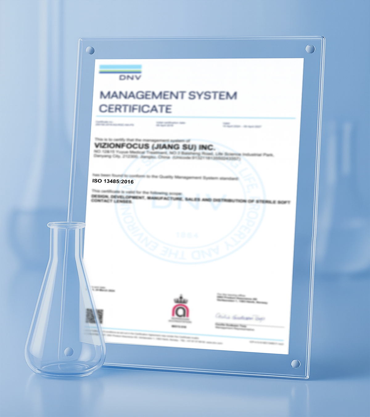 ISO 13485:2016 certificate for VIZIONFOCUS INC., reflecting LolaDiva brand's strict product quality control standards