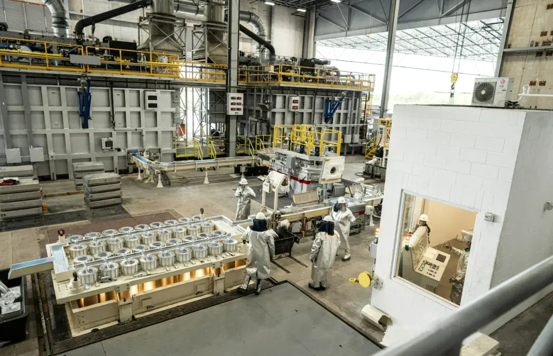 Fig. 1 The casting area includes two melting and holding furnaces for feeding the casting line, which is managed by a control room.