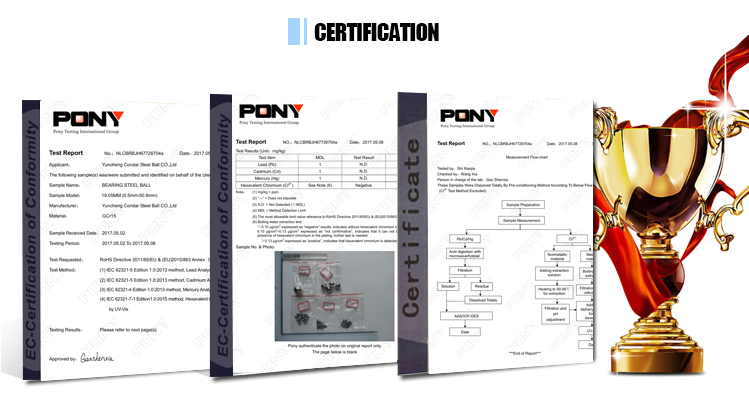 PONY test report certification collage for bearing steel balls with trophy