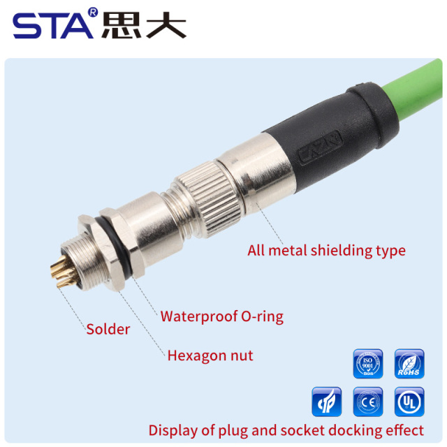 M8 4D Code IP67 Straight / Angled Male Female Overmolded Plug Connector