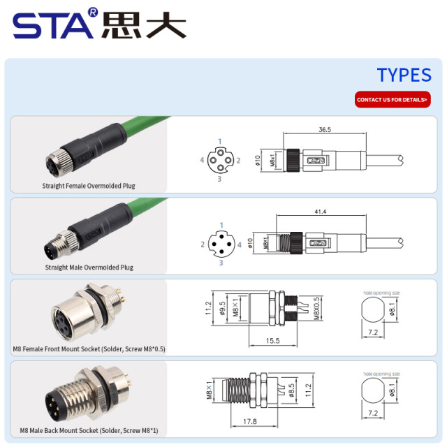 M8 4D Code IP67 Straight / Angled Male Female Overmolded Plug Connector