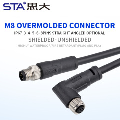 M8 Shielded Straight / Angled Male Female Overmolded Plug Connector 3 4 5 6 8 pins