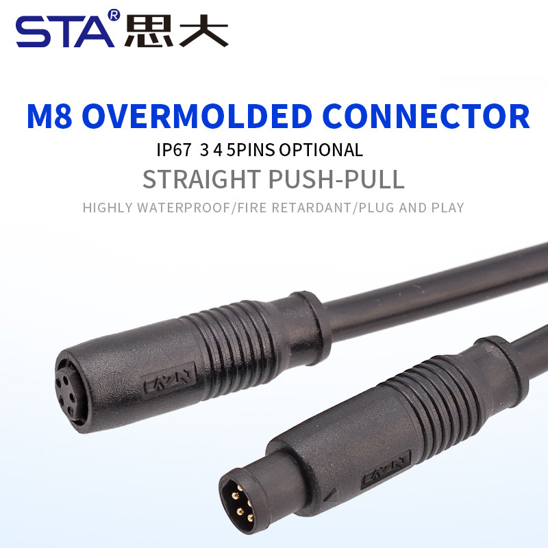 IP67 Waterproof  M8 Quick insertion Plastic Overmolded Connector 3 4 5 Pins
