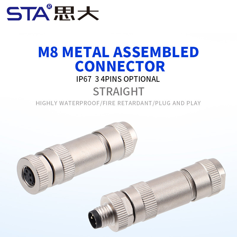 M8 Connector Straight Male / Female Metal Assembled Plug Screw Terminal Type 3 4 Pins