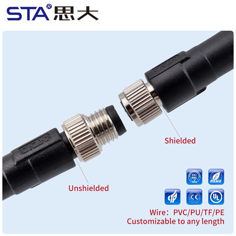 M8 Shielded Straight / Angled Male Female Overmolded Plug Connector 3 4 5 6 8 pins
