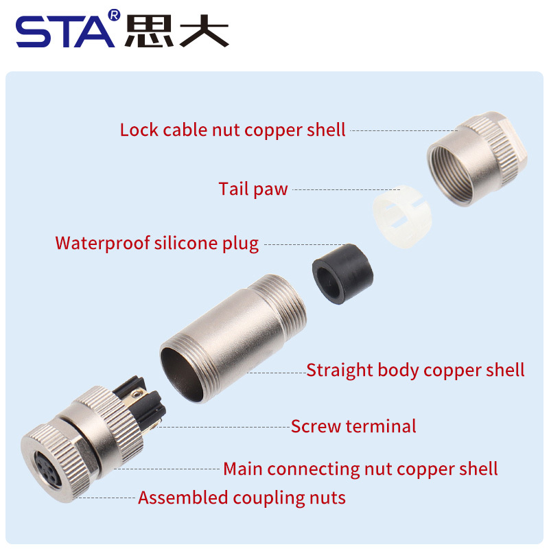 M8 Connector Straight Male / Female Metal Assembled Plug Screw Terminal Type 3 4 Pins