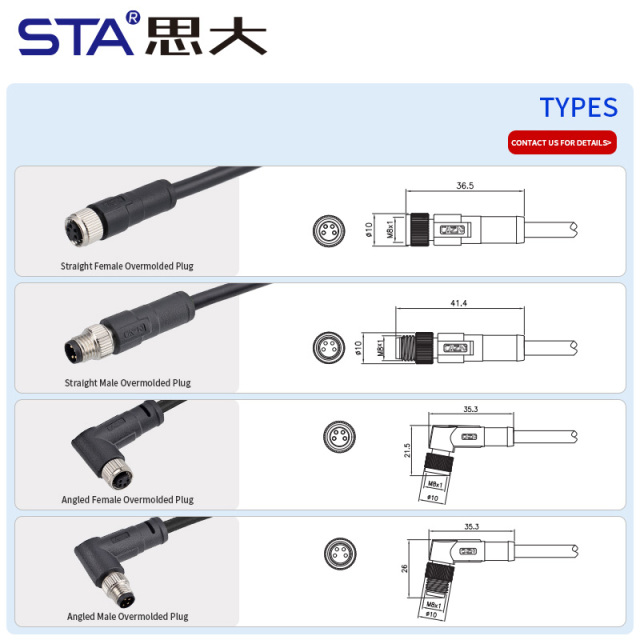 M8 Shielded Straight / Angled Male Female Overmolded Plug Connector 3 4 5 6 8 pins