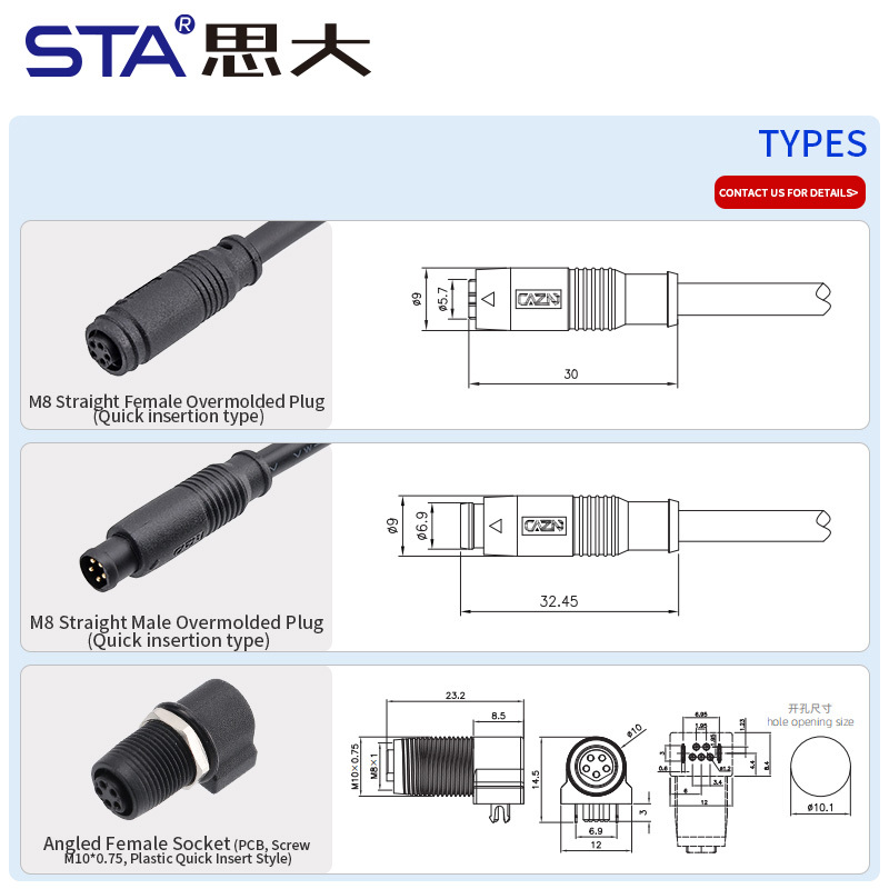 IP67 Waterproof  M8 Quick insertion Plastic Overmolded Connector 3 4 5 Pins